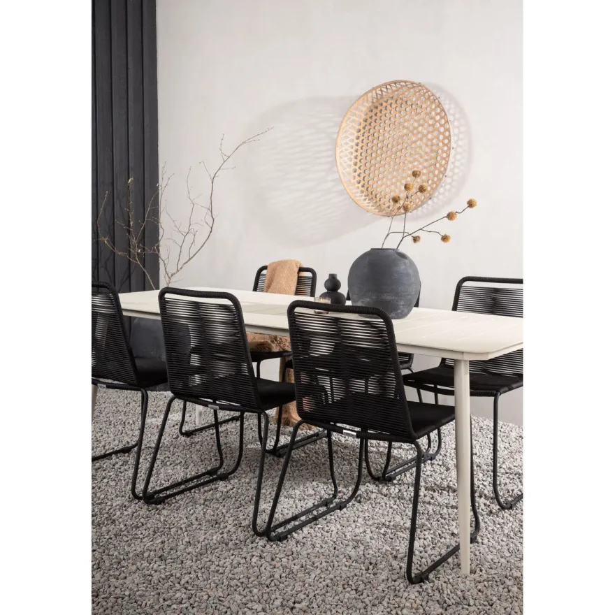 Ruokailuryhmä Venture Home, 200x90cm Lina-pöytä + 6 mustaa Lindos-tuolia