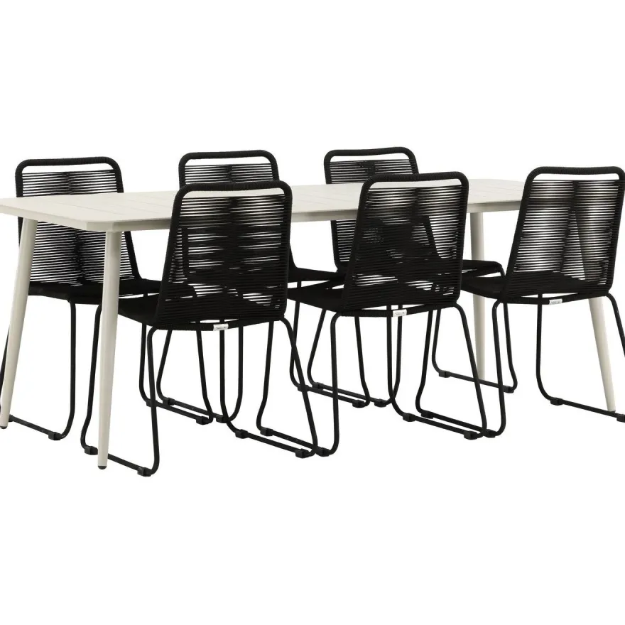 Ruokailuryhmä Venture Home, 200x90cm Lina-pöytä + 6 mustaa Lindos-tuolia