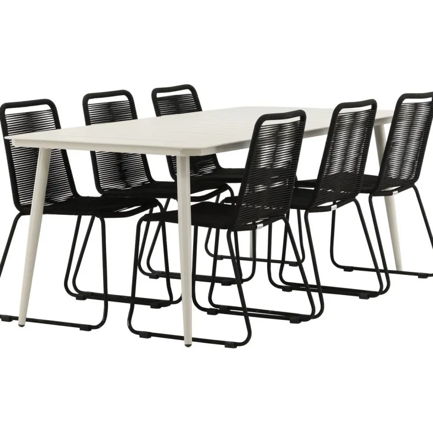 Ruokailuryhmä Venture Home, 200x90cm Lina-pöytä + 6 mustaa Lindos-tuolia