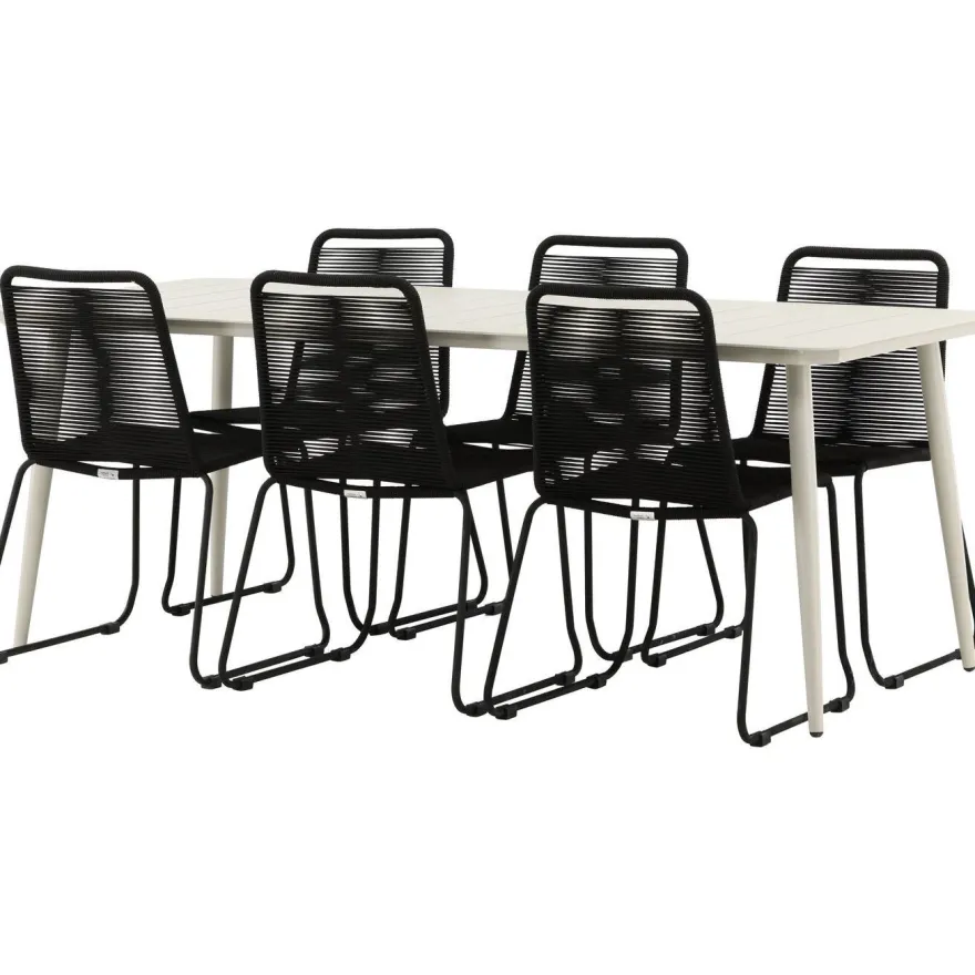 Ruokailuryhmä Venture Home, 200x90cm Lina-pöytä + 6 mustaa Lindos-tuolia