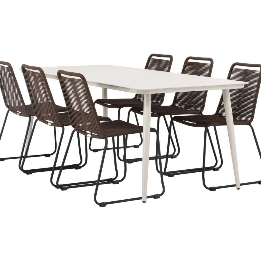 Ruokailuryhmä Venture Home, 200x90cm Lina-pöytä + 6 ruskeaa Lindos-tuolia