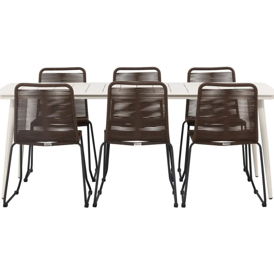 Ruokailuryhmä Venture Home, 200x90cm Lina-pöytä + 6 ruskeaa Lindos-tuolia