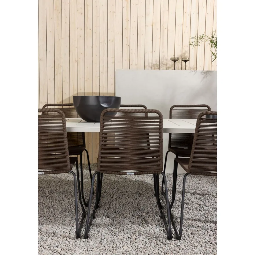 Ruokailuryhmä Venture Home, 200x90cm Lina-pöytä + 6 ruskeaa Lindos-tuolia