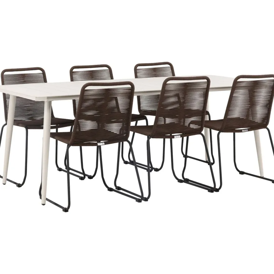 Ruokailuryhmä Venture Home, 200x90cm Lina-pöytä + 6 ruskeaa Lindos-tuolia