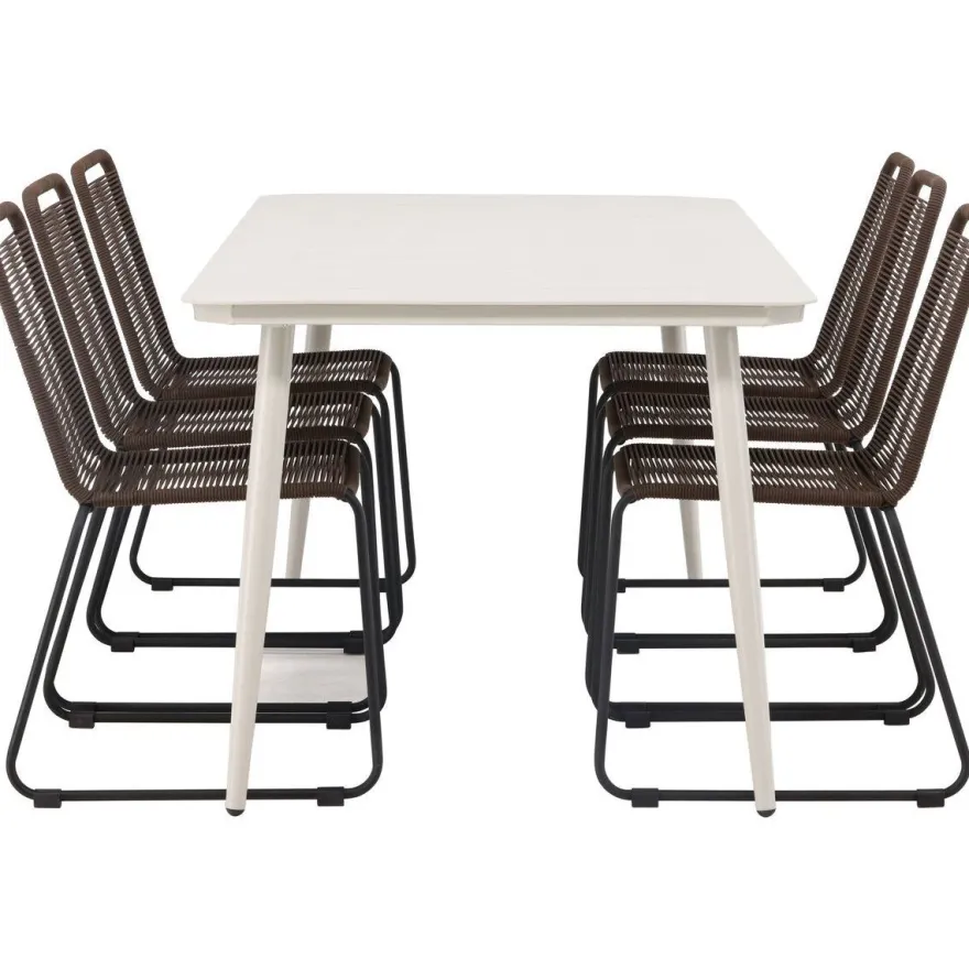 Ruokailuryhmä Venture Home, 200x90cm Lina-pöytä + 6 ruskeaa Lindos-tuolia