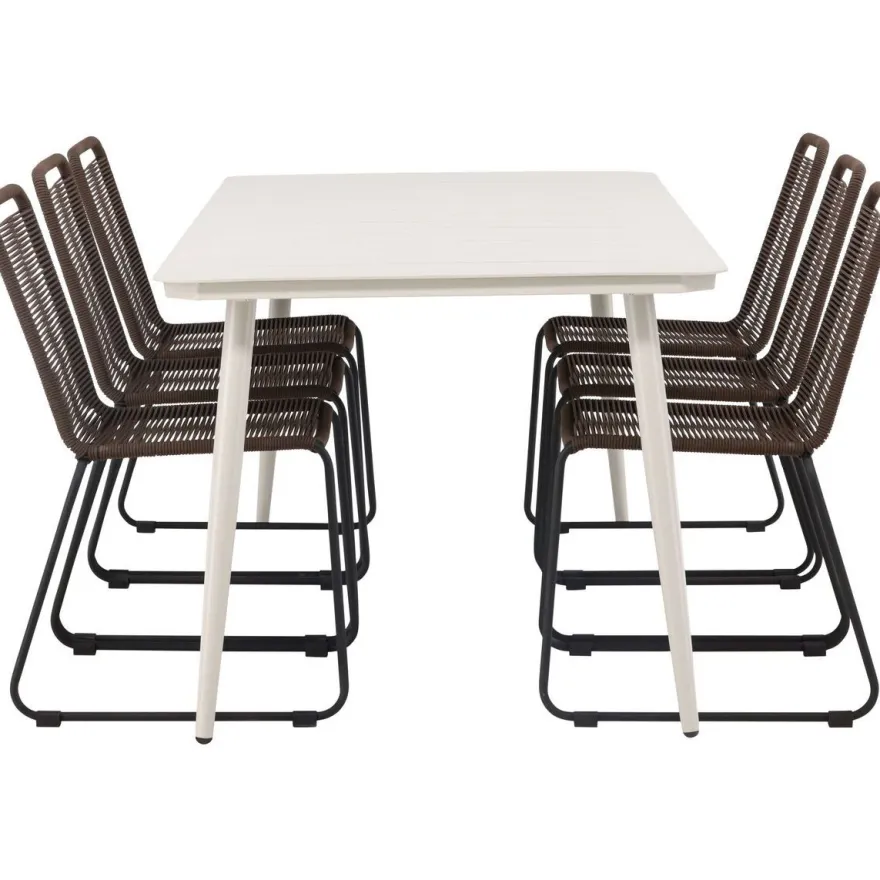 Ruokailuryhmä Venture Home, 200x90cm Lina-pöytä + 6 ruskeaa Lindos-tuolia