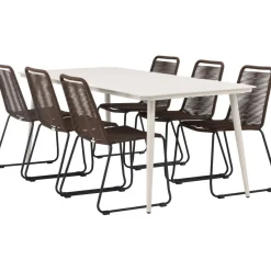 Ruokailuryhmä Venture Home, 200x90cm Lina-pöytä + 6 ruskeaa Lindos-tuolia