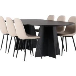 Ruokailuryhmä Venture Home, 230x115cm musta Bootcut Oval -pöytä + 6 beigeä Polar-tuolia, bouclé