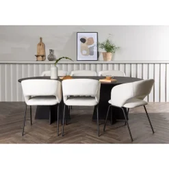 Ruokailuryhmä Venture Home, 230x115cm musta Bootcut Oval -pöytä + 6 valkoista Day-tuolia