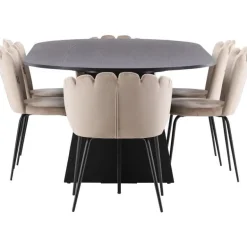 Ruokailuryhmä Venture Home, 230x115cm musta Bootcut-pöytä + 4 beigeä Limhamn Light -tuolia, sametti