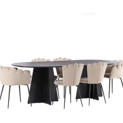 Ruokailuryhmä Venture Home, 230x115cm musta Bootcut-pöytä + 4 beigeä Limhamn Light -tuolia, sametti