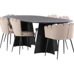 Ruokailuryhmä Venture Home, 230x115cm musta Bootcut-pöytä + 4 beigeä Limhamn Light -tuolia, sametti