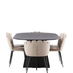Ruokailuryhmä Venture Home, 230x115cm musta Bootcut-pöytä + 4 beigeä Limhamn Light -tuolia, sametti