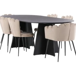 Ruokailuryhmä Venture Home, 230x115cm musta Bootcut-pöytä + 4 beigeä Limhamn Light -tuolia, sametti