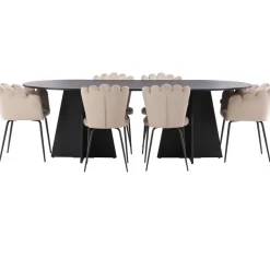 Ruokailuryhmä Venture Home, 230x115cm musta Bootcut-pöytä + 4 beigeä Limhamn Light -tuolia, sametti