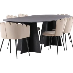 Ruokailuryhmä Venture Home, 230x115cm musta Bootcut-pöytä + 4 beigeä Limhamn Light -tuolia, sametti
