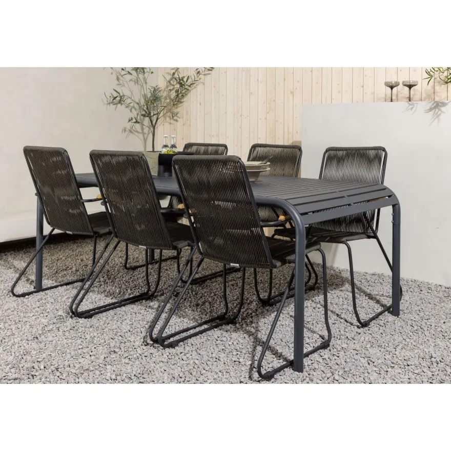 Ruokailuryhmä Venture Home, 200x100cm musta Borneo-pöytä + 6 Bois-tuolia