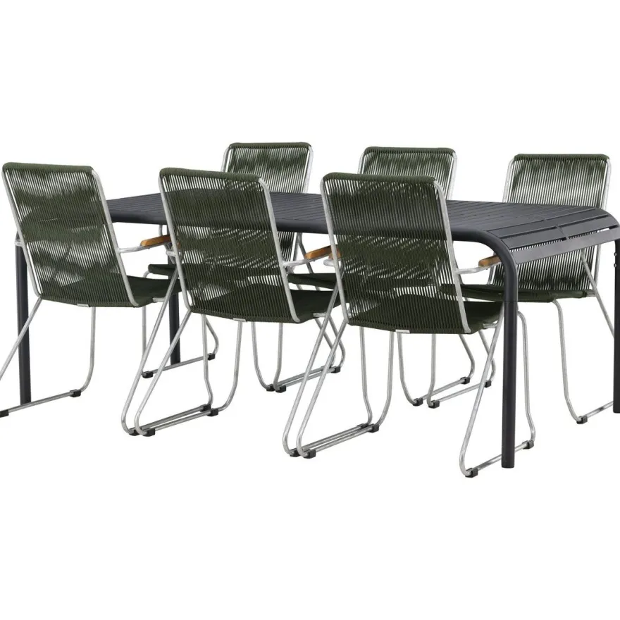 Ruokailuryhmä Venture Home, 200x100cm musta Borneo-pöytä + 6 Bois-tuolia