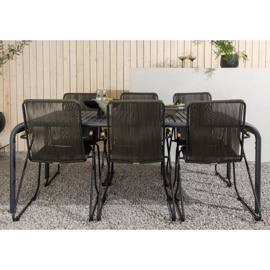 Ruokailuryhmä Venture Home, 200x100cm musta Borneo-pöytä + 6 Bois-tuolia