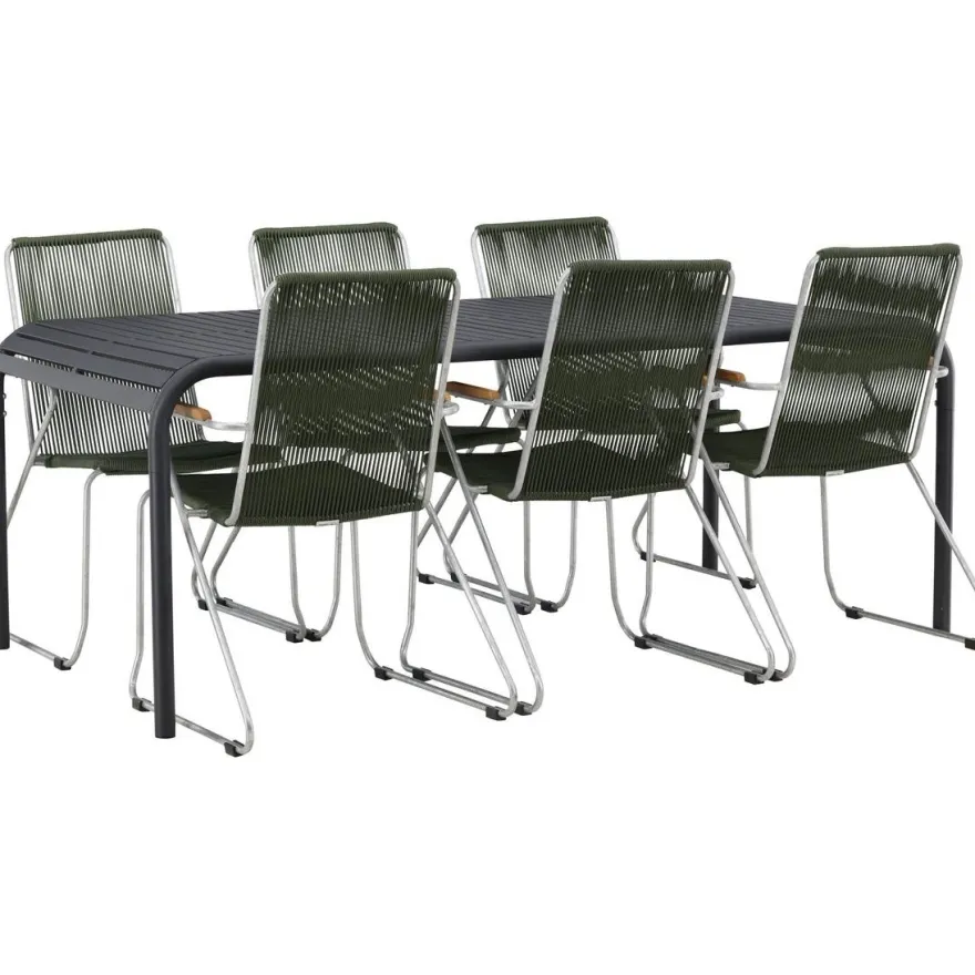 Ruokailuryhmä Venture Home, 200x100cm musta Borneo-pöytä + 6 Bois-tuolia