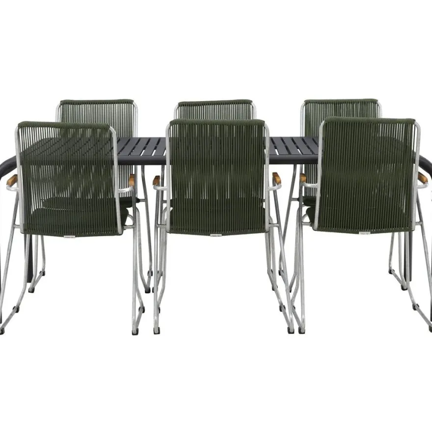 Ruokailuryhmä Venture Home, 200x100cm musta Borneo-pöytä + 6 Bois-tuolia