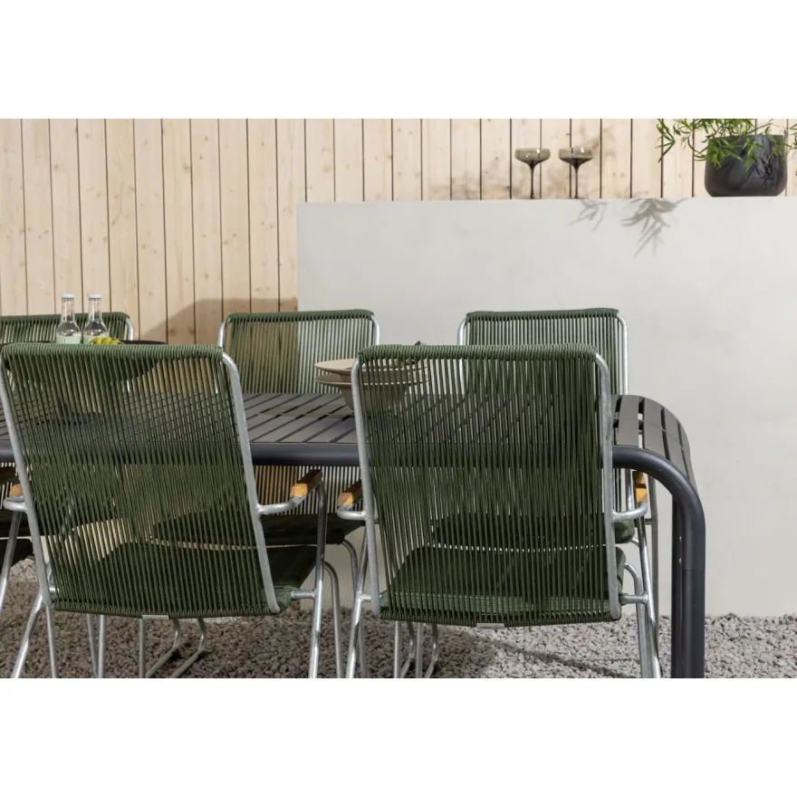 Ruokailuryhmä Venture Home, 200x100cm musta Borneo-pöytä + 6 Bois-tuolia