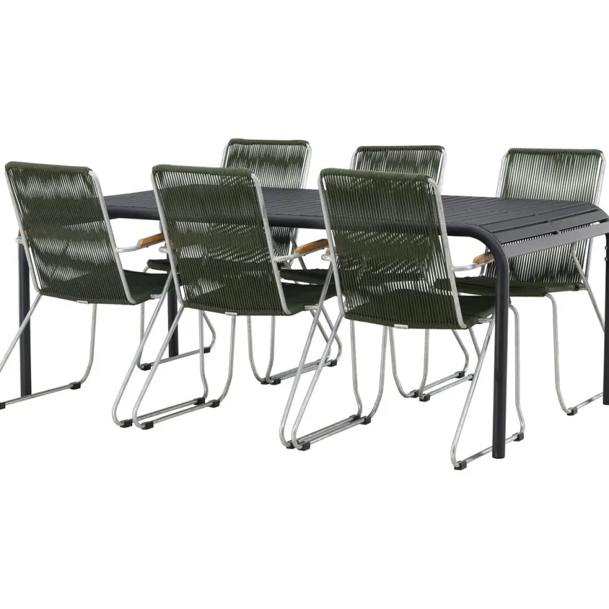 Ruokailuryhmä Venture Home, 200x100cm musta Borneo-pöytä + 6 Bois-tuolia