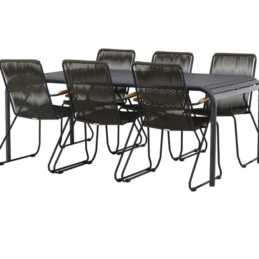 Ruokailuryhmä Venture Home, 200x100cm musta Borneo-pöytä + 6 Bois-tuolia