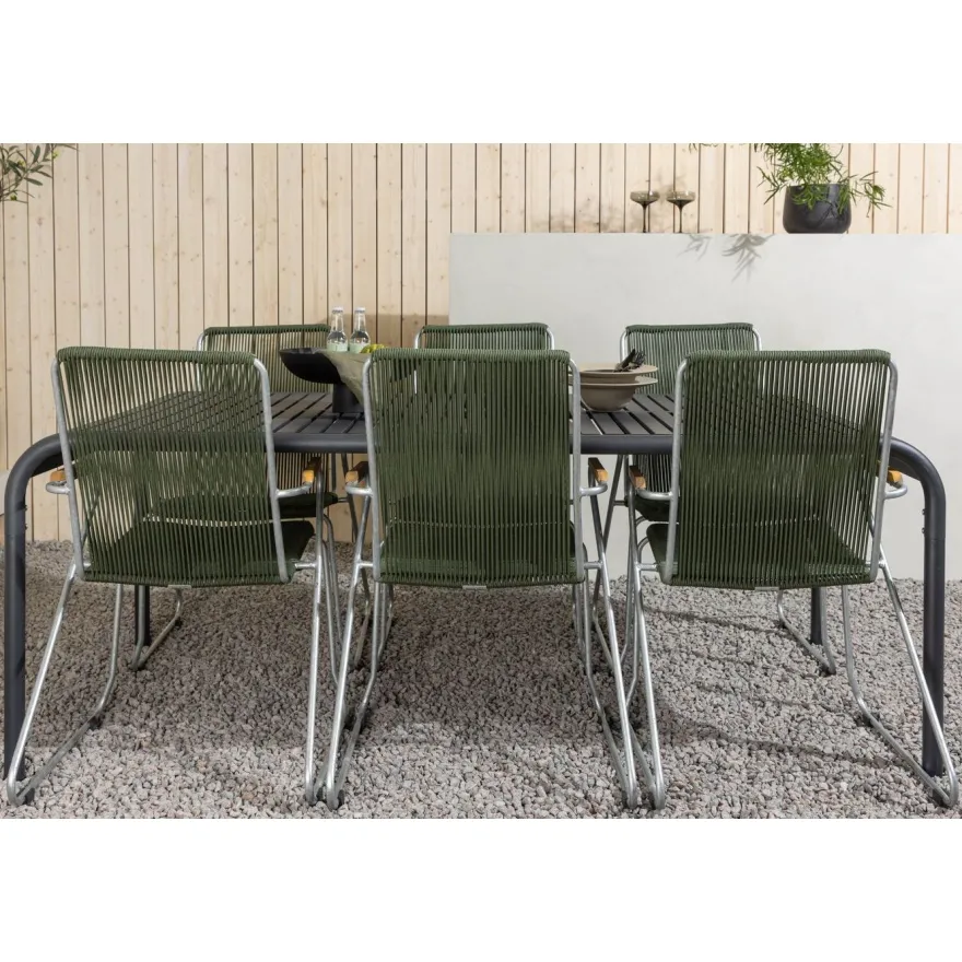 Ruokailuryhmä Venture Home, 200x100cm musta Borneo-pöytä + 6 Bois-tuolia