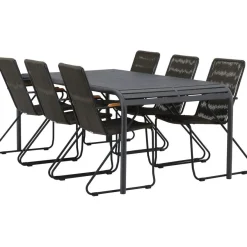 Ruokailuryhmä Venture Home, 200x100cm musta Borneo-pöytä + 6 Bois-tuolia