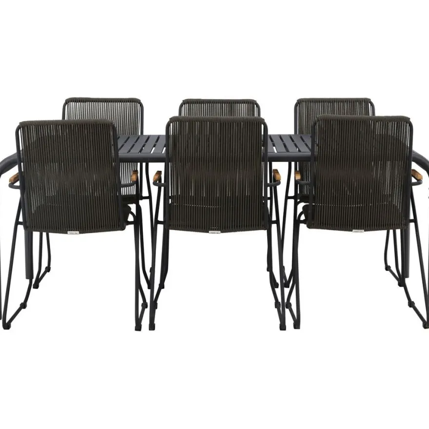 Ruokailuryhmä Venture Home, 200x100cm musta Borneo-pöytä + 6 Bois-tuolia