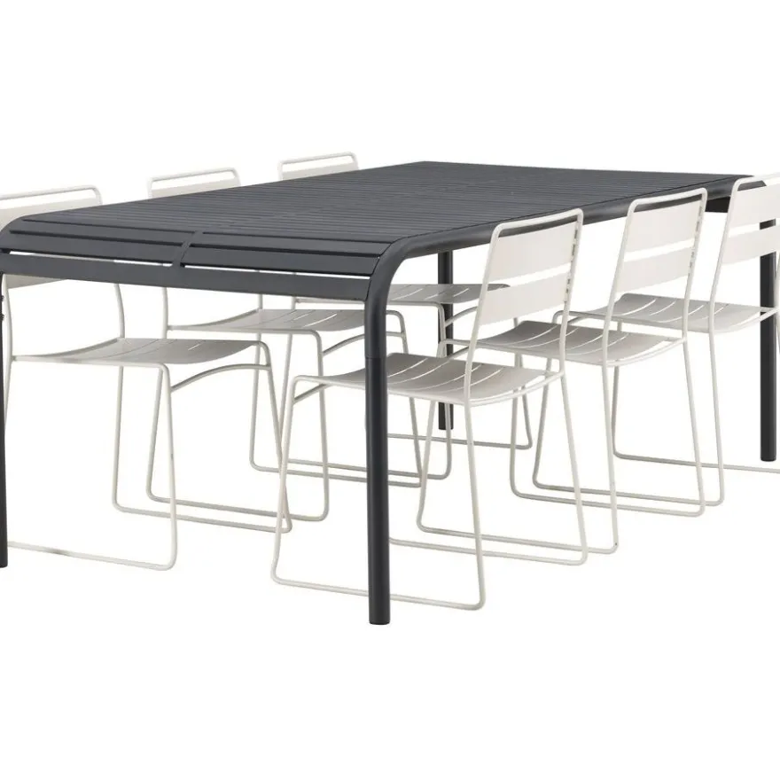 Ruokailuryhmä Venture Home, 200x100cm musta Borneo-pöytä + 6 Lina-tuolia