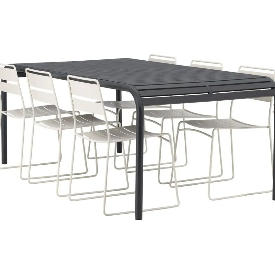 Ruokailuryhmä Venture Home, 200x100cm musta Borneo-pöytä + 6 Lina-tuolia