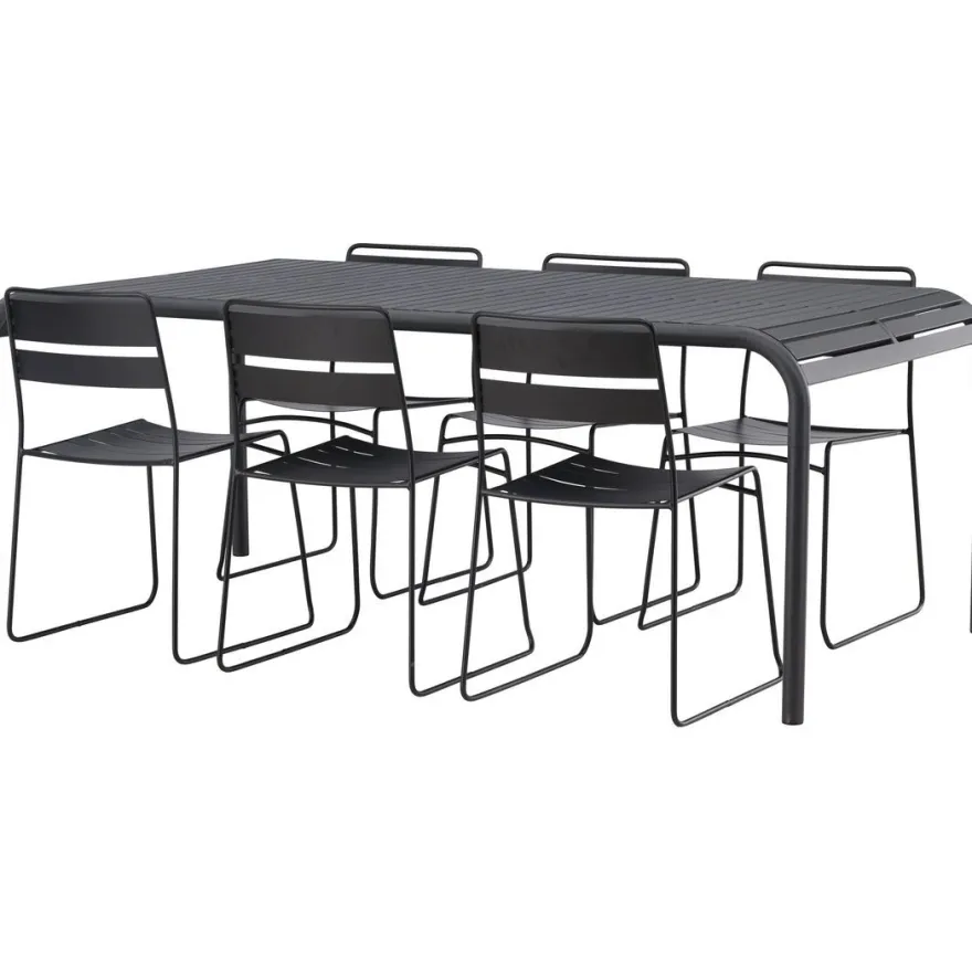 Ruokailuryhmä Venture Home, 200x100cm musta Borneo-pöytä + 6 Lina-tuolia