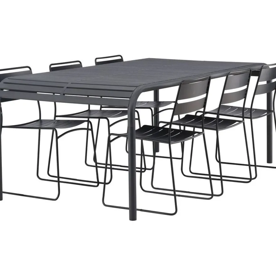 Ruokailuryhmä Venture Home, 200x100cm musta Borneo-pöytä + 6 Lina-tuolia
