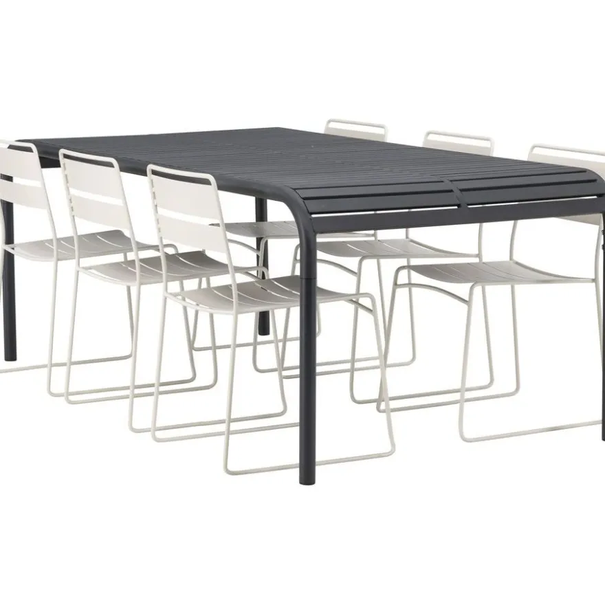 Ruokailuryhmä Venture Home, 200x100cm musta Borneo-pöytä + 6 Lina-tuolia