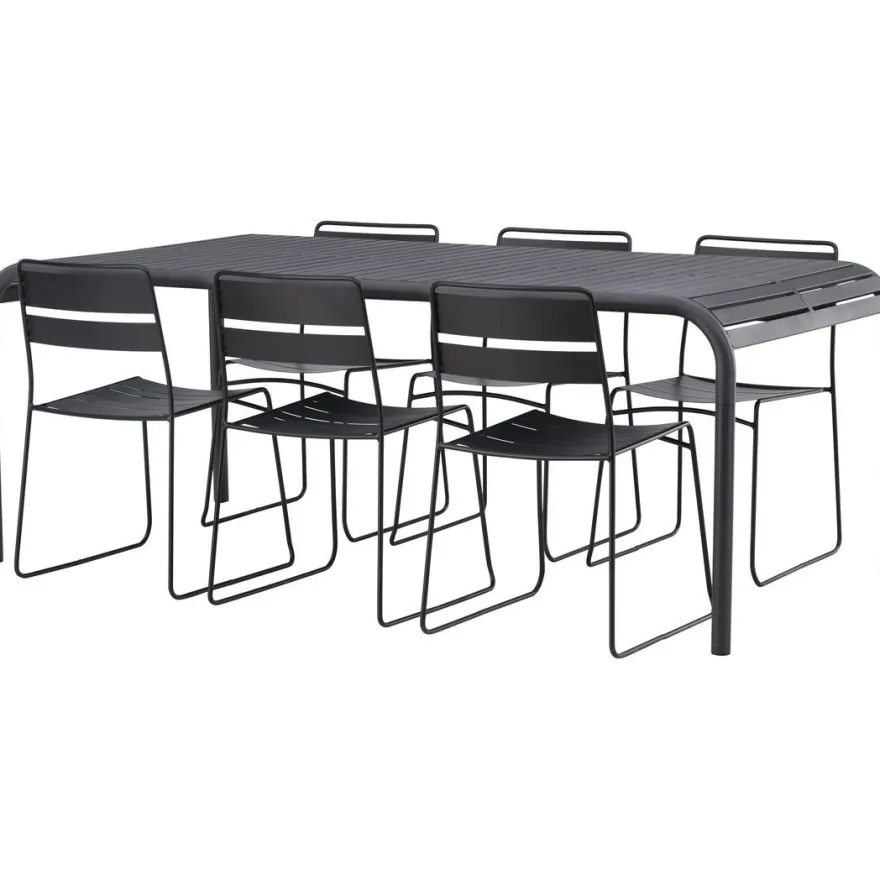 Ruokailuryhmä Venture Home, 200x100cm musta Borneo-pöytä + 6 Lina-tuolia