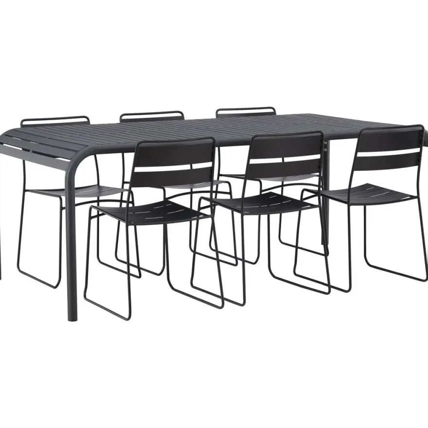 Ruokailuryhmä Venture Home, 200x100cm musta Borneo-pöytä + 6 Lina-tuolia