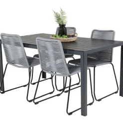 Ruokailuryhmä Venture Home, 150x90cm musta Break-pöytä + 4 harmaata, pinottavaa Lindos-tuolia