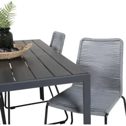 Ruokailuryhmä Venture Home, 150x90cm musta Break-pöytä + 4 harmaata, pinottavaa Lindos-tuolia