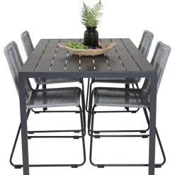 Ruokailuryhmä Venture Home, 150x90cm musta Break-pöytä + 4 harmaata, pinottavaa Lindos-tuolia