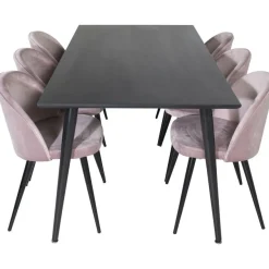 Ruokailuryhmä Venture Home, 180x90cm musta Dipp-pöytä + 6 Velvet-tuolia, sametti