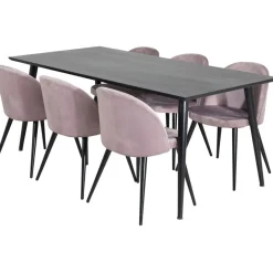 Ruokailuryhmä Venture Home, 180x90cm musta Dipp-pöytä + 6 Velvet-tuolia, sametti