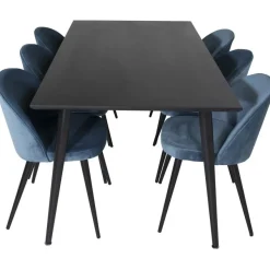 Ruokailuryhmä Venture Home, 180x90cm musta Dipp-pöytä + 6 Velvet-tuolia, sametti