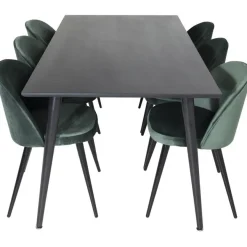 Ruokailuryhmä Venture Home, 180x90cm musta Dipp-pöytä + 6 Velvet-tuolia, sametti