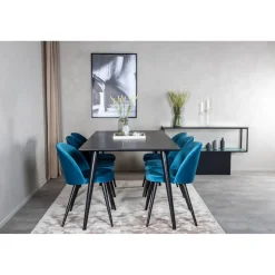 Ruokailuryhmä Venture Home, 180x90cm musta Dipp-pöytä + 6 Velvet-tuolia, sametti