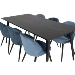 Ruokailuryhmä Venture Home, 180x90cm musta Dipp-pöytä + 6 Velvet-tuolia, sametti
