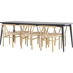 Ruokailuryhmä Venture Home, 230x85cm musta Ellis-pöytä + 6 beigeä Alfons-tuolia
