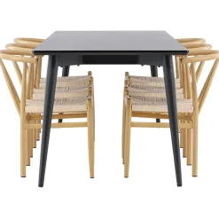 Ruokailuryhmä Venture Home, 230x85cm musta Ellis-pöytä + 6 beigeä Alfons-tuolia