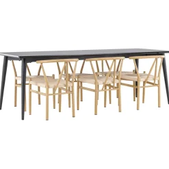 Ruokailuryhmä Venture Home, 230x85cm musta Ellis-pöytä + 6 beigeä Alfons-tuolia